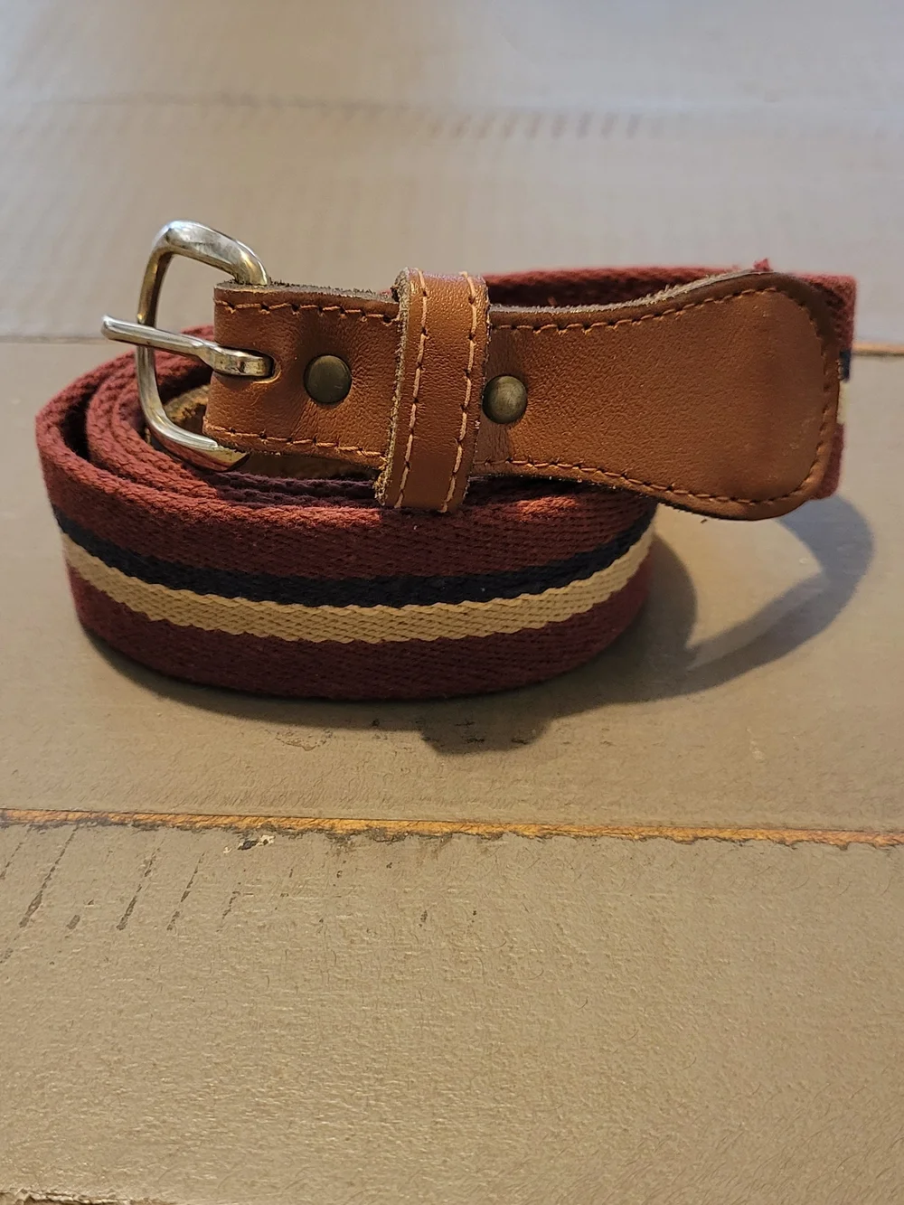 Men's Woven Stripe Casual Belt in Burgandy, Navy and Cream &Leather Trim
